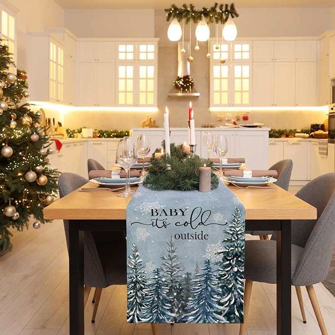 Winter Baby It's Cold Outside Table Runner Pine Tree Snowflakes Burlap Table - Image 9