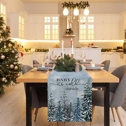 Winter Baby It's Cold Outside Table Runner Pine Tree Snowflakes Burlap Table - Image 9