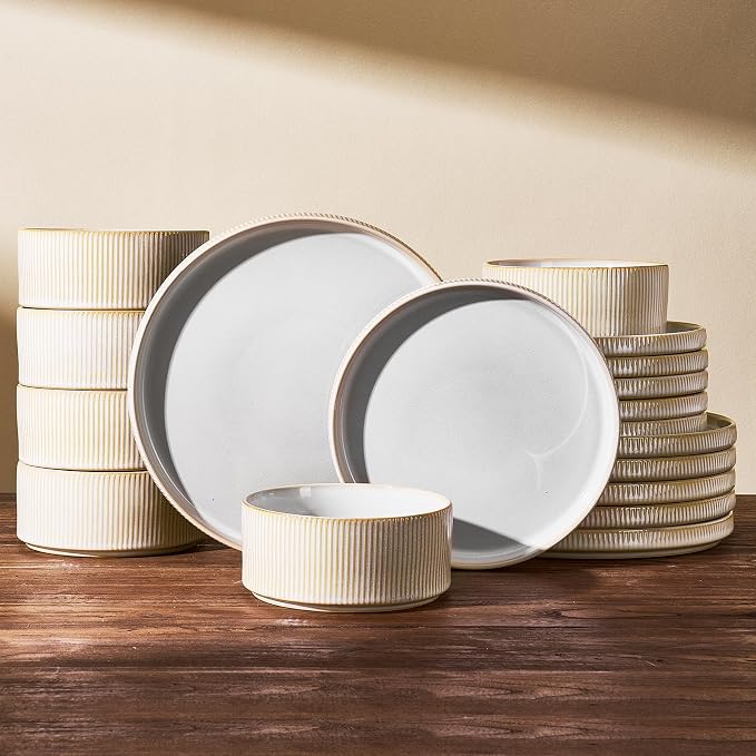 Ceramic Plates & Bowls Sets for 6, Handmade Reactive Glaze | Cappuccino White by FamiwarePremium