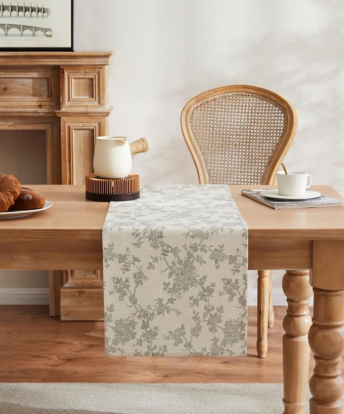 French Pastoral Farmhouse Table Runners, 13x72 Inch Green | 100% Organic Cotton - Image 2