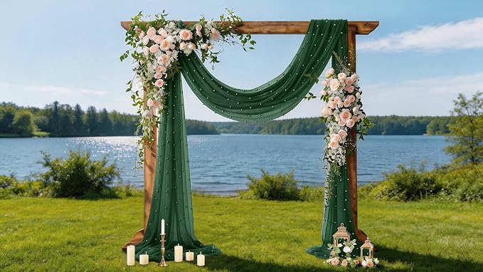 Pearl Table Runner Gauze Sheer 19FT Wedding Draping Fabric Decor | Emerald - Image 3