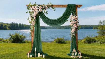 Pearl Table Runner Gauze Sheer 19FT Wedding Draping Fabric Decor | Emerald - Image 3
