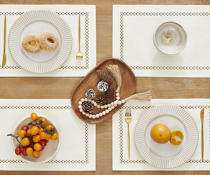 Farmhouse Burlap Hollow Placemats Set of 4, 12 x18 Inch Off White | Double Layer - Image 2