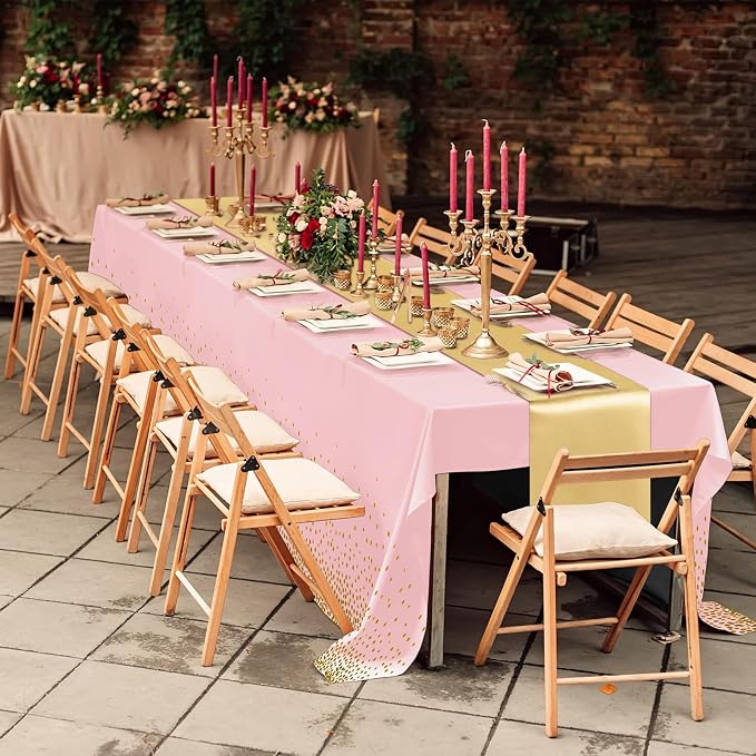 24 Pack Pink and Gold Disposable Plastic Tablecloths and Satin Table Runner Set - Image 5