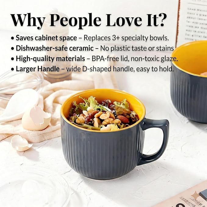 Ceramic Soup Bowl with Handle & Lid, Large 32oz Microwave Ramen Bowl Gray | - Image 7