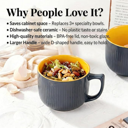 Ceramic Soup Bowl with Handle & Lid, Large 32oz Microwave Ramen Bowl Gray | - Image 7