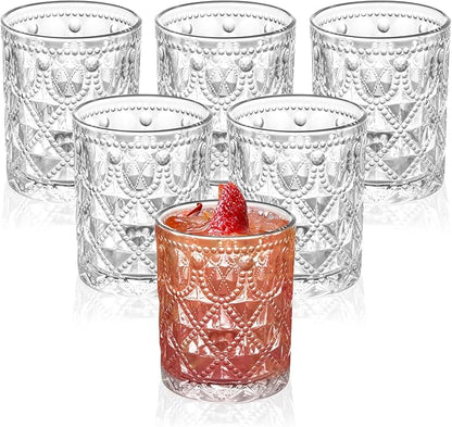 Vintage Diamond-Pattern Drinking Glasses Set of 6 – 12 oz Clear Short Glass Cups – Embossed Retro Glassware for Water, Cocktails, Whiskey, Juice – Thick Clear Glass, Dishwasher Safe