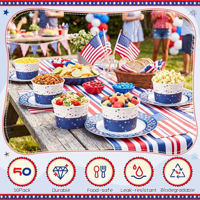 Potchen 50 Pcs 4th of July Paper Bowls, 9 Oz Disposable Cups - Image 3
