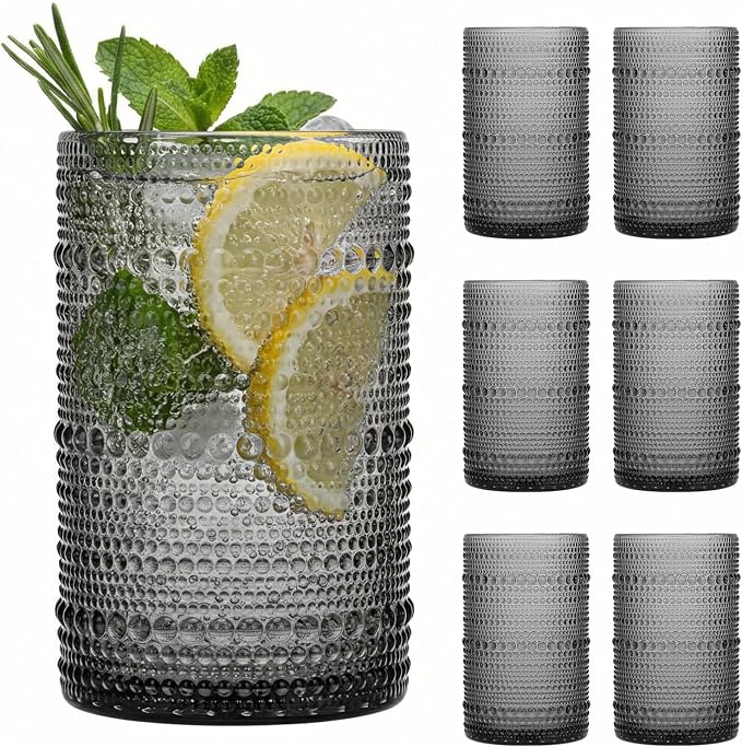 Moretoes 15oz Gray Hobnail Drinking Glasses Set of 6 | Vintage Highball Glass by Moretoes