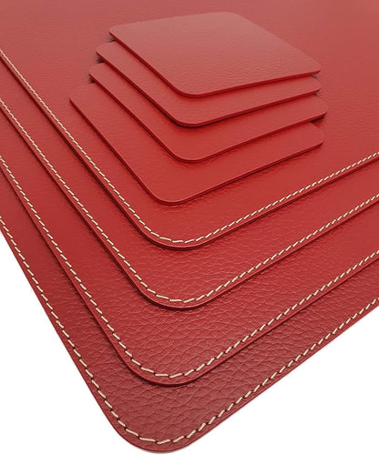 Nikalaz Set of Red Placemats and Coasters, 4 Table Mats and 4 Coasters, Recycled Leather, Place Mats 18'' x 13'' and Coasters 3.9'' x 3.9''