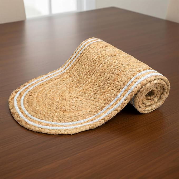 Encasa XO Handwoven Jute Table Runner, Center Table 12"x54" Off White & Jute - Image 6