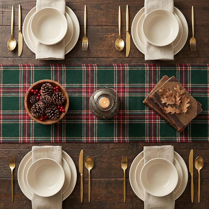 Artoid Mode Green Red Farmhouse Plaid Christmas Table Runner, Winter Rustic - Image 3