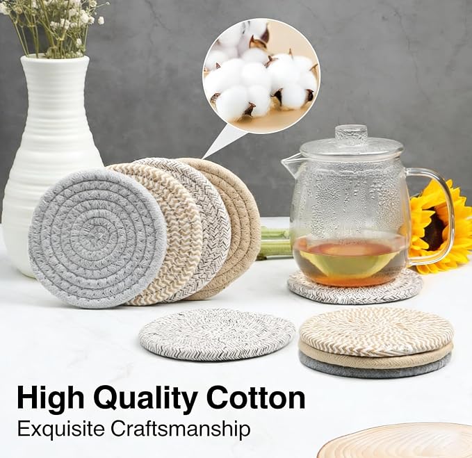4.8 Inch Woven Drink Coasters Set of 4, Thick Absorbent Coasters, Boho Cotton - Image 6