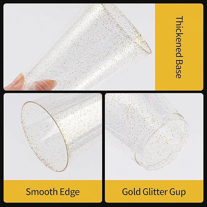Goodluck 10 oz 100 PCS Gold Glitter Plastic Cups, Disposable Glitter Cups, Elegant Plastic Cocktail Glasses, Fancy Party Cups for Wedding, Birthday, Holiday