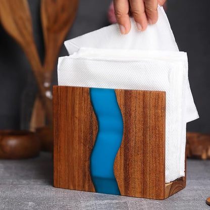 Acacia wood & Transparent Epoxy resin Napkin holder for table, Rustic farmhouse napkin organisation for kitchen, dining, counter tops, restaurant or outdoors | 6x5x2.5 inches| Turquoise
