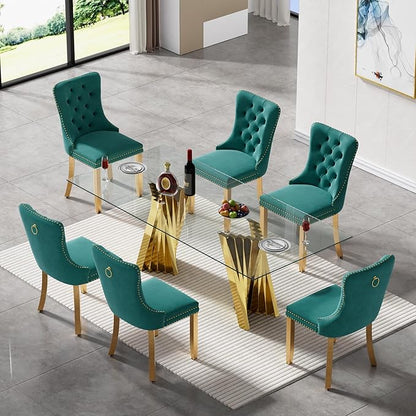 7 Piece Glass Dining Table Set,70" Dinner Room Glass Table Set for 6,Modern Kitchen Dinner Table Set with Stainless Steel Base and 6 Upholstered Velvet Dining Chairs for Living Dining Room