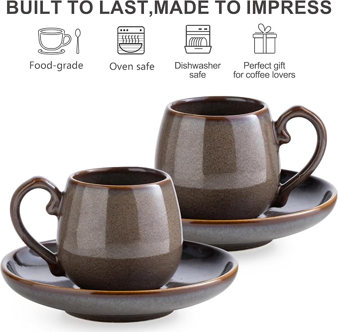 LYEOBOH 3 Ounce Espresso Cups and Saucers Set of 6, Ceramic Small Coffee Cups - Image 3