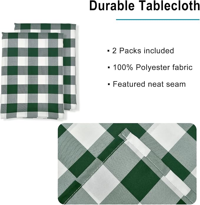 Plaid Tablecloth 2 Pack, 60 x 102 inch, Forest Green and White | Waterproof - Image 3
