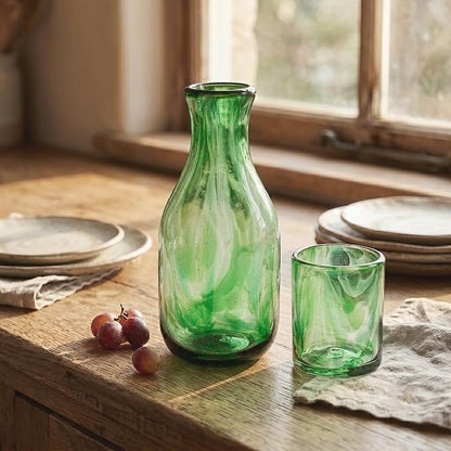 NOVICA Artisan Handblown Recycled Glass Carafe Green Cup Mexico Tableware - Image 2