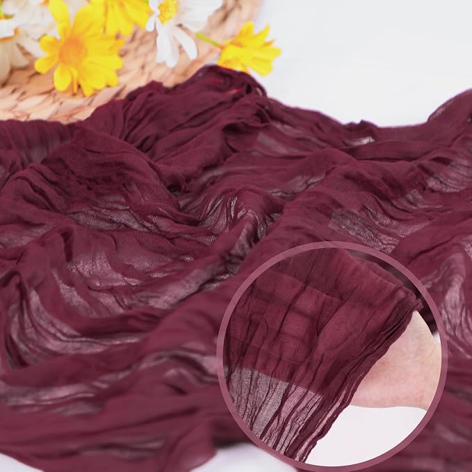 Snowkingdom 6PCS 10 Ft Burgundy Red Cheesecloth Table Runner, 120inch Long - Image 2