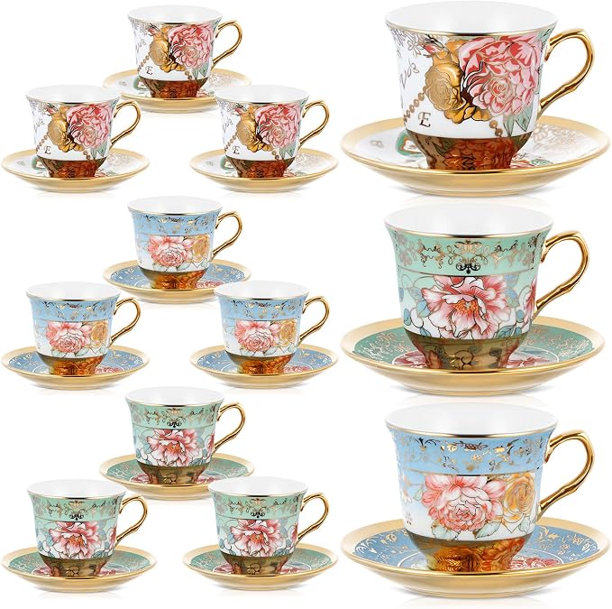 Teenyyou Set of 12 Tea Cups and Saucers Tea Party Decorations Floral Porcelain by Teenyyou