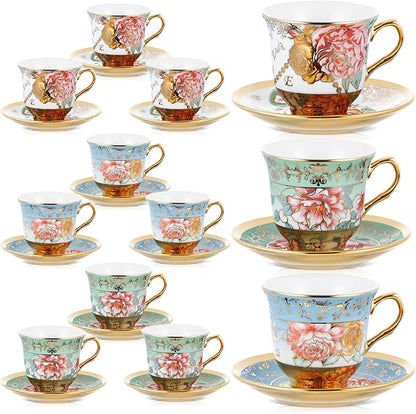 Teenyyou Set of 12 Tea Cups and Saucers Tea Party Decorations Floral Porcelain by Teenyyou
