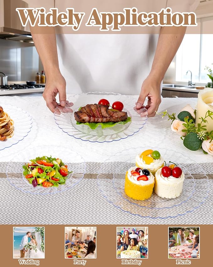 YOUBET 100PCS Clear Scalloped Plastic Plates - Image 8