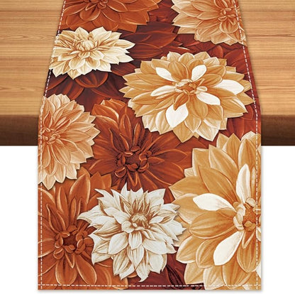 Vintage Orange Dahlia Flower Autumn Table Runner Fall Floral Burlap Table by BEAUTYROMANCEFORYOURLIFE