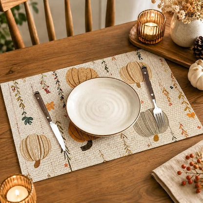 Fall Placemats Set of 4, Pumpkin Maple Leaf Autumn Table Mats 12x18 Inch | - Image 2