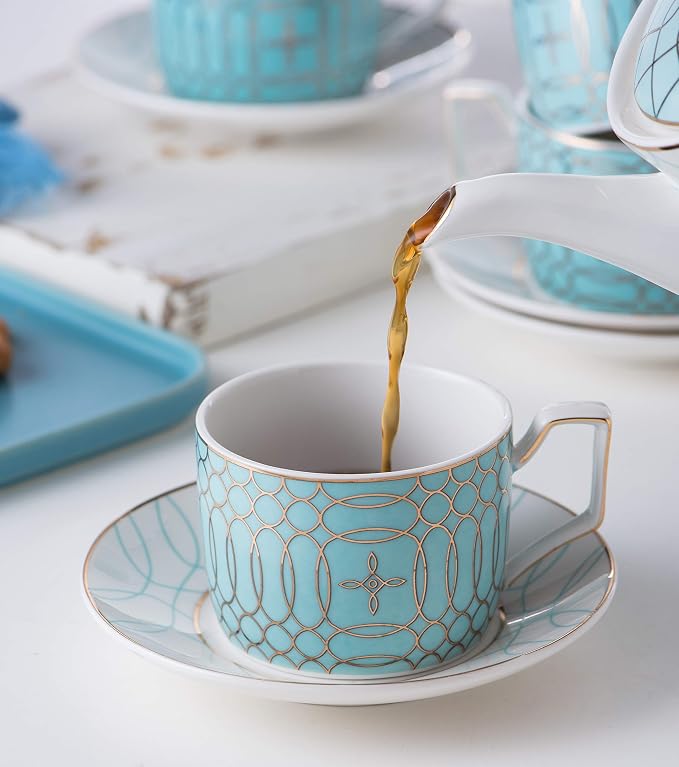 Jusalpha Porcelain Mint Green Tea Cup and Saucer Set and Spoon | Modern elegant - Image 4