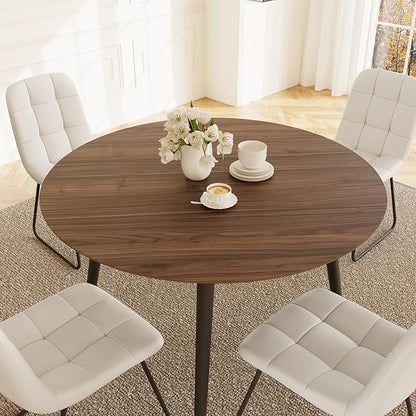 43.3 Inch Round Dining Table Set for 4, Modern Small Kitchen Coffee Set for Dining Room Kitchen Apartment (Walnut Table+4 U-Shaped White Chairs)