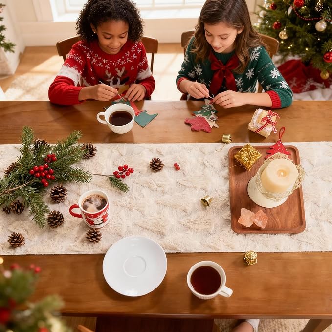 Christmas Trees Table Runner Soft Plush Faux Fur Cream Tree Christmas Table - Image 3