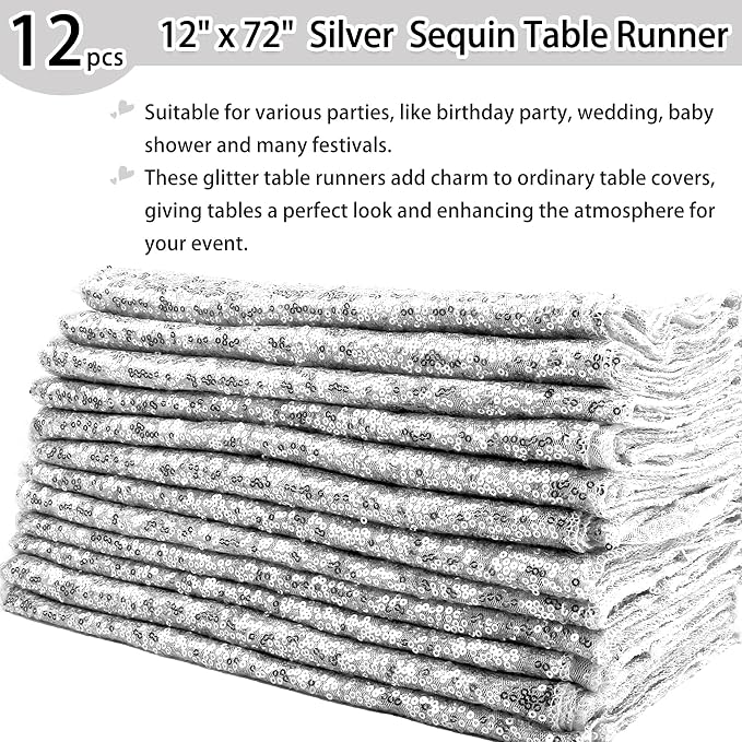 12 Packs 12 X 72 Inch Silver Sequin Table Runner Glitter Dining Table Runner - Image 2