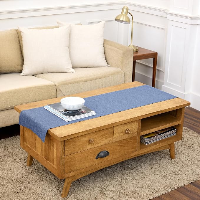 Solino Home 100% Linen Table Runner Blue Denim Woven, Athena 14 x 48 in | Table by SolinoHome