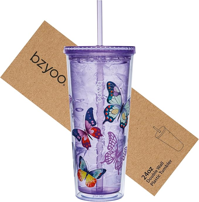 bzyoo 24oz Plastic Tumbler Cup, Lid & Straw, Iced Coffee, dishwasher safe by bzyoo