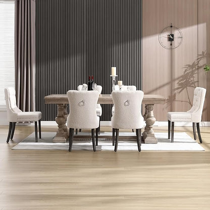 KCC Boucle Dining Chairs Set of 4, Upholstered High-end Tufted Dining Room Chair with Nailhead Back Ring Pull Trim Solid Wood Legs, Contemporary Nikki Collection Modern Style for Kitchen, Cream