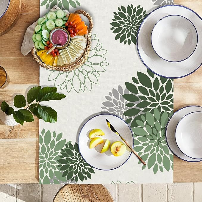 Sage Green Gray Table Runner Dahlia Pinnata Flower Beige Table Runners Modern - Image 2