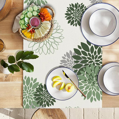 Sage Green Gray Table Runner Dahlia Pinnata Flower Beige Table Runners Modern - Image 2