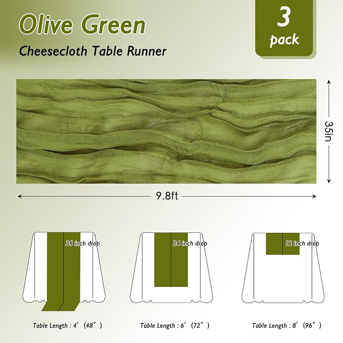 3 Pack Olive Green Cheesecloth Table Runner 120 Inch Boho Wedding Decor | - Image 2