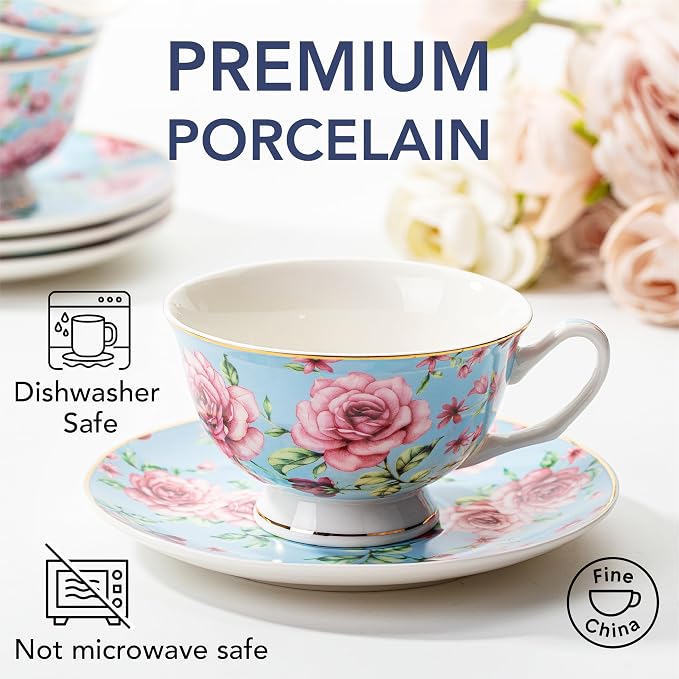 BTaT- Floral Tea Cups and Saucers, 8 oz, Fine Porcelain Teacup Set - Image 4