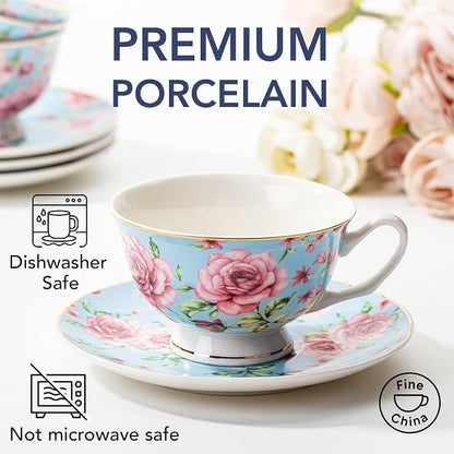BTaT- Floral Tea Cups and Saucers, 8 oz, Fine Porcelain Teacup Set - Image 4