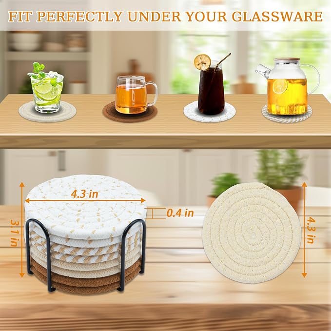 8 Pcs Drink Coasters with Holder, Minimalist Cotton Woven Coaster Set, 4 Colors - Image 3