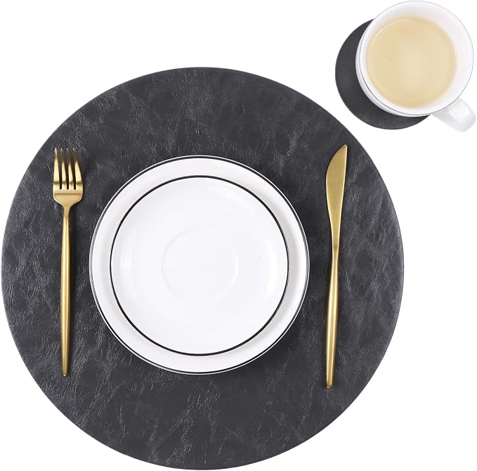 Jovono Set of 4 Round Placemats and Coasters, Faux Leather Table Mats and Desk - Image 6