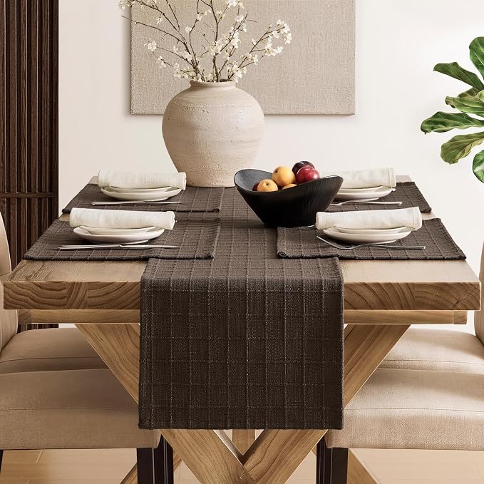 Artisanal Grid Linen Table Runner, 13x90 Inches Chocolate | Heavy Textured - Image 4