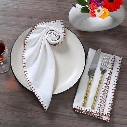 Bedding Craft Cotton Cloth Dinner Napkins Set of 12 – 18x18 Chili Oil Red Cloth Napkins with Blanket Stitch Selvedge – Washable Fabric Napkins for Wedding Tables, Banquets, Parties & Restaurants