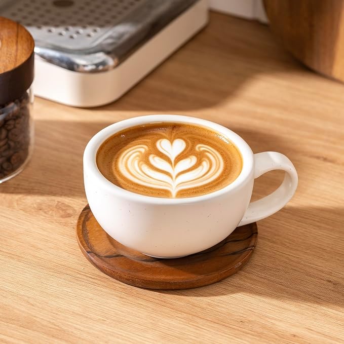 Ceramic Latte Coffee Cup with Wood Saucer Set of 1, Barista Cappuccino Latte - Image 4