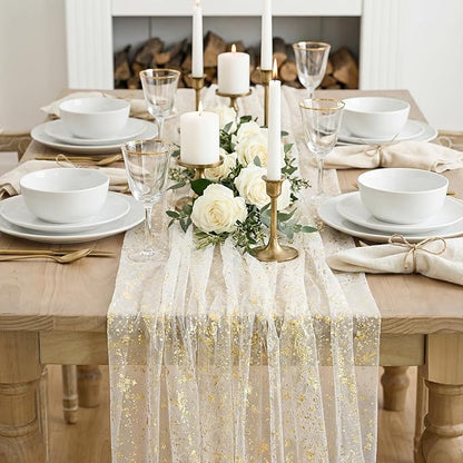 Artoid Mode Beige Gold Gauze Table Runner 59x120 Inch 10FT, Glitter Metallic Foil Sheer Dining Wedding Anniversary Holiday Birthday Table Decor for Home Party