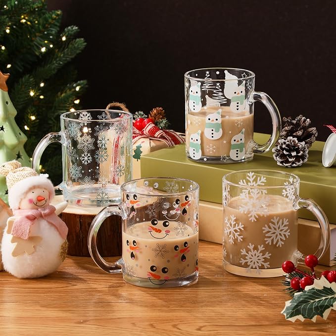 Tioncy 4 Pcs Winter Coffee Glass Mugs 12 oz Christmas Snowman Glass Cups - Image 2