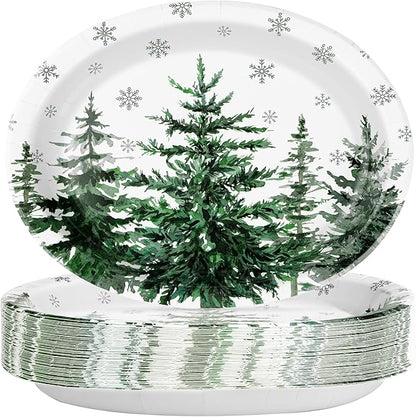 50Pcs Christmas Tree Oval Paper Plates 10" x 12" Large Heavy Duty Xmas Snowflake Disposable Plates Holiday Dessert Platters for Winter Wedding Birthday Dinner Party Decoration Kitchen Table Decor