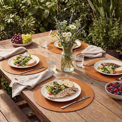 Artoid Mode Rust Faux Leather Placemats Set of 6, 15 Inch Waterproof Wipeable Heat Resistant Vinyl Place Mats, Reversible Table Mats for Fall Kitchen Dining Decor